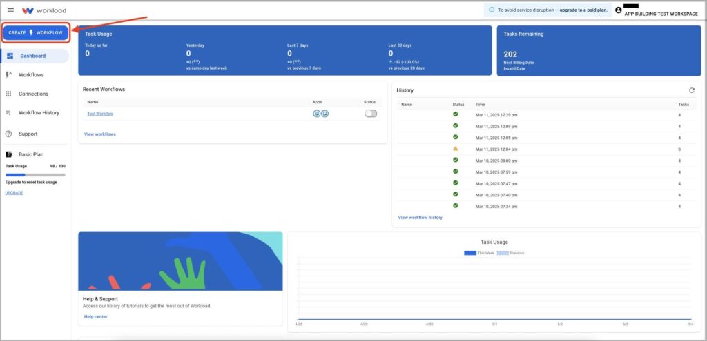 Dashboard view of Workload platform with a red box around Create Workflow button with a red arrow pointing to it in upper left corner.
