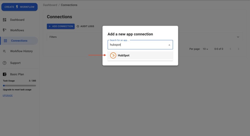 Find and select “HubSpot” from the list to Connect HubSpot to Workload.