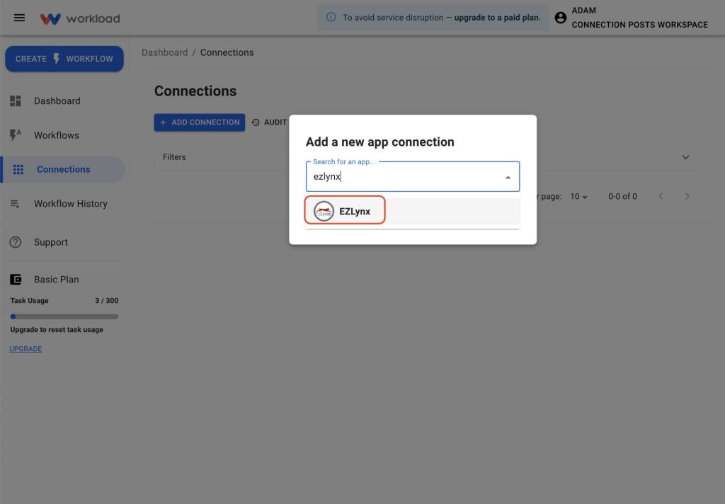 Search for EZLynx in the connection pop-up and select it from the available apps.