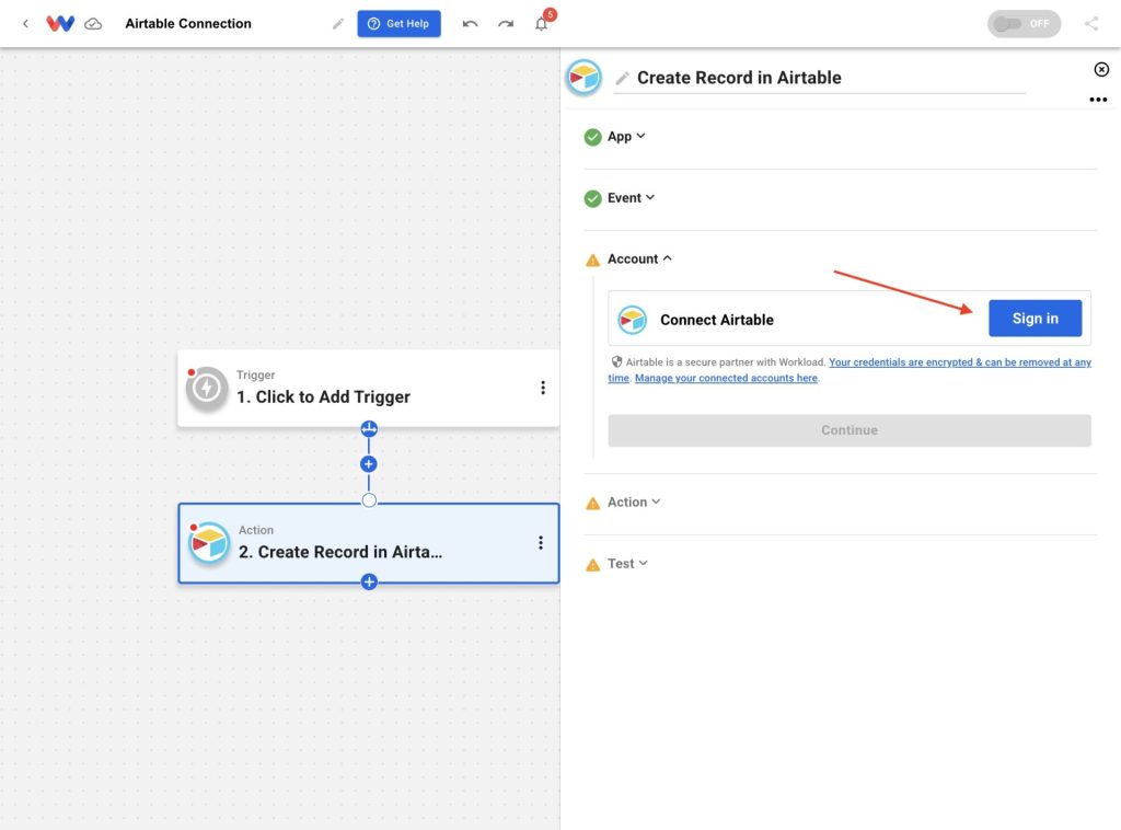 Click the Sign in button under the Account tab to link your Airtable account.