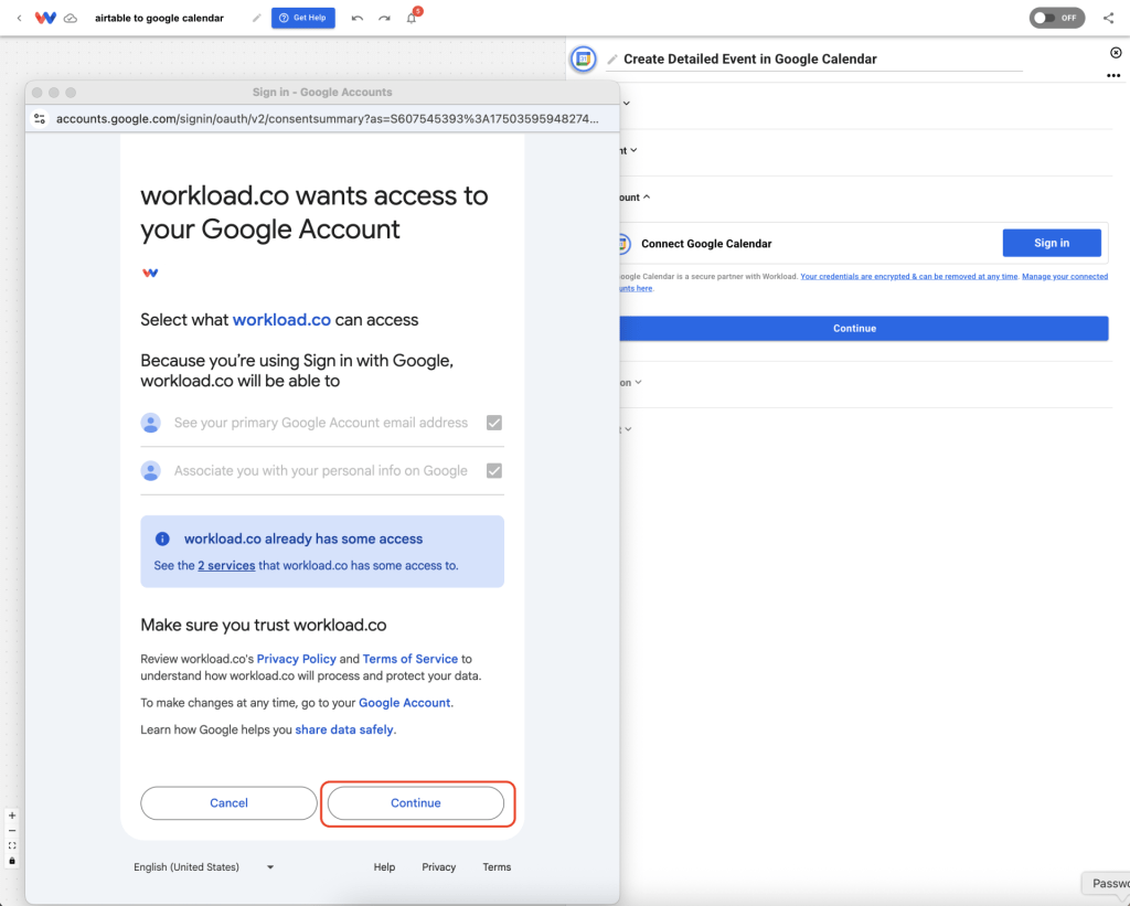 Finalize OAuth access to turn Airtable records into Google Calendar Events by clicking Continue