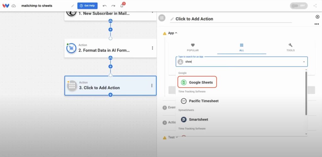 Select the Google Sheets app to add subscriber data to your spreadsheet.
