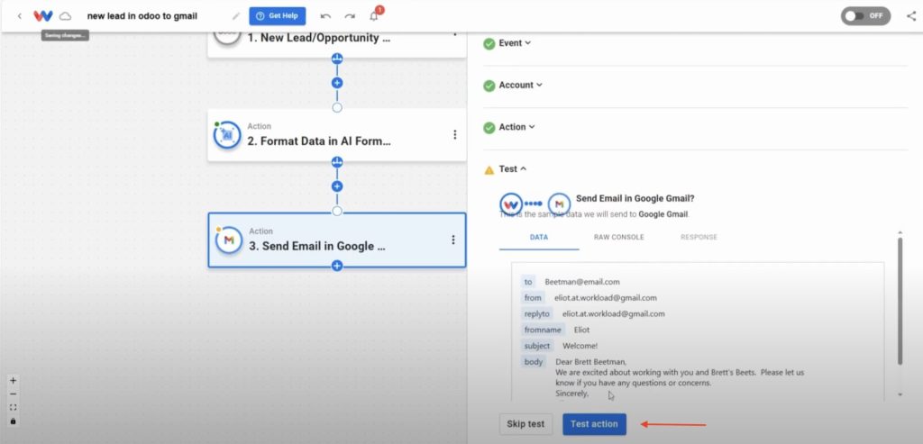 Testing Gmail step to send welcome email in Email New Odoo Leads automation.
