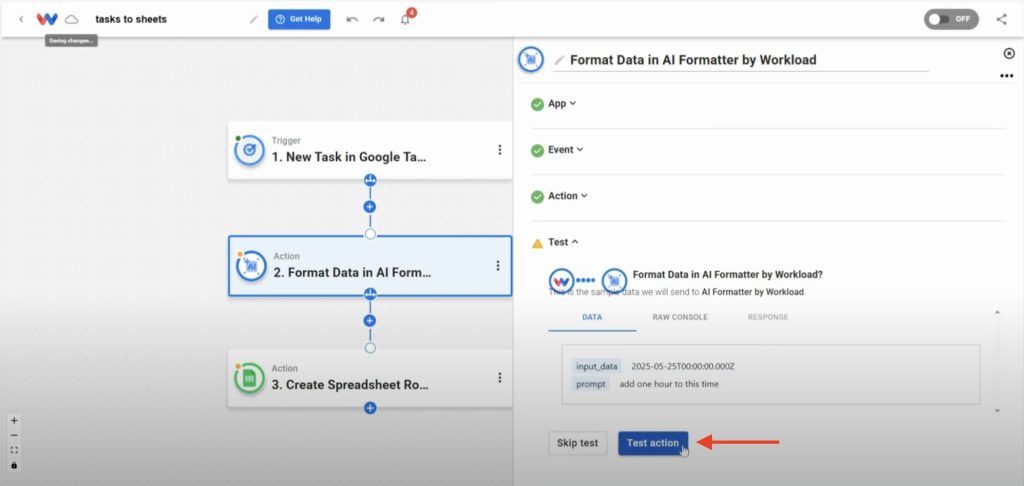 Testing the AI Formatter step using sample Google Tasks to Sheets Rows data