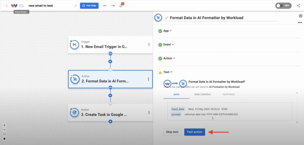 Click “Test Action” to verify the formatter converts the email date into the required format.