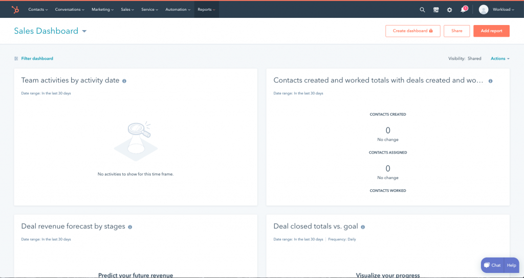 hubspot dashboard page