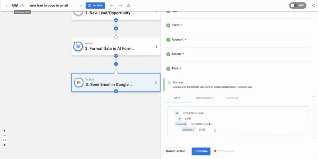 Successful Gmail test confirming email sent in Email New Odoo Leads workflow.
