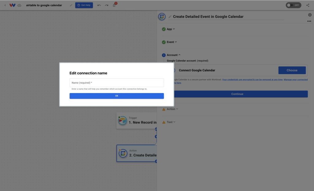 Popup appears for naming the connection that will be used to turn Airtable records into Google Calendar Events.