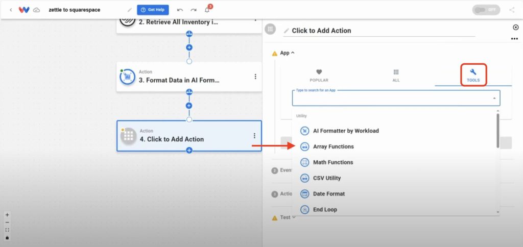 Selecting "Array Functions" from the Tools section while setting up Squarespace Stock from Zettle automation.