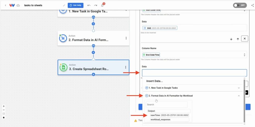 Mapping formatted end time output into spreadsheet from Google Tasks to Sheets Rows workflow