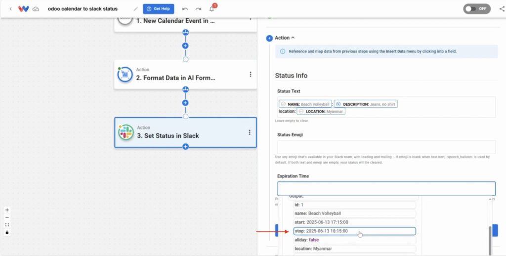 Mapping the Odoo event end time into the Slack expiration field.