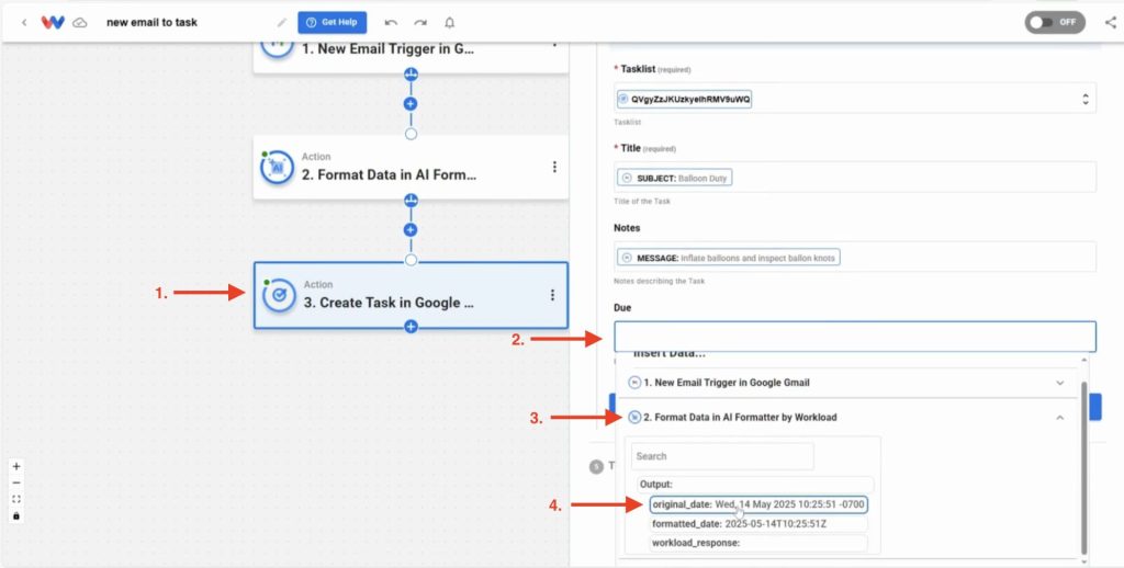 Update the task’s due date field in Google Tasks with the newly formatted value from the AI Formatter.