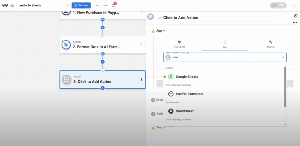 Choosing Google Sheets again for the final step that logs Zettle data with calculated fields