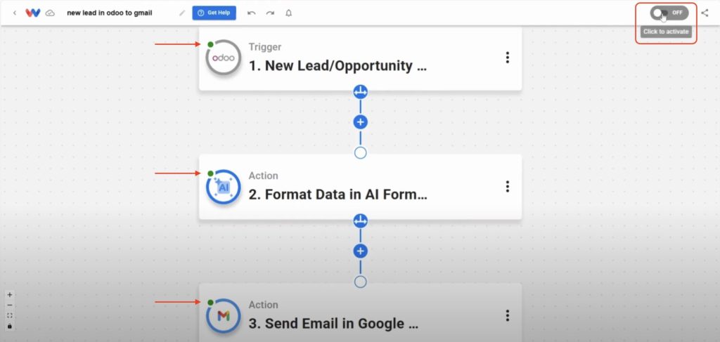 Activating the Odoo to Gmail automation in Workload.