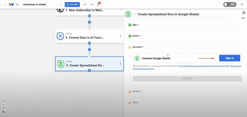 Click “Sign In” to connect your Google Sheets account to Workload.
