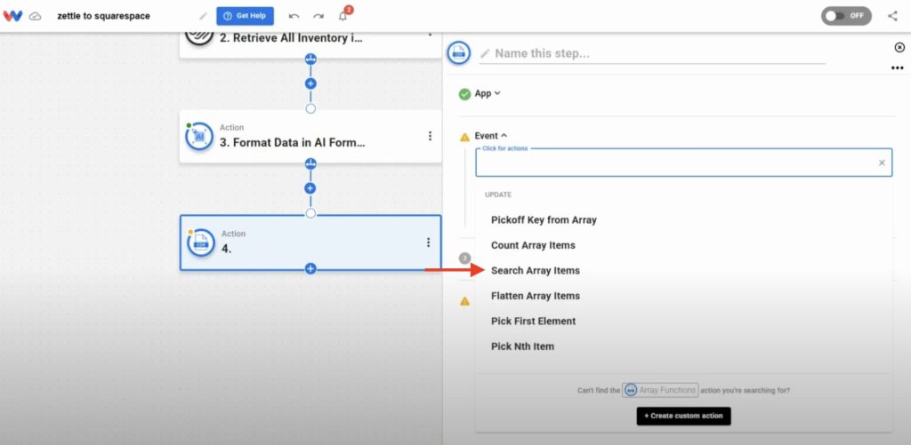 Choosing the "Search Array Items" event after selecting the Array Functions tool.