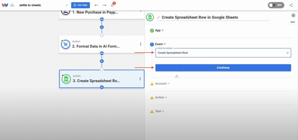 Selecting Add Spreadsheet Row in the last action step to insert formatted Zettle purchase data into Sheets