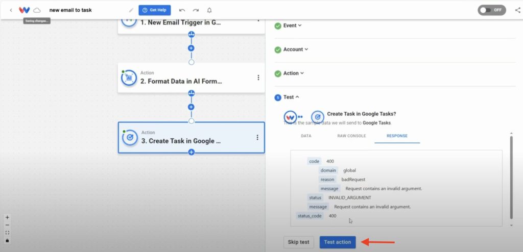 Testing the “Create Task in Google Tasks” action