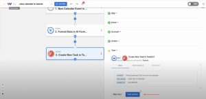 Running a “Test Action” in Workload to send sample task data to Todoist.