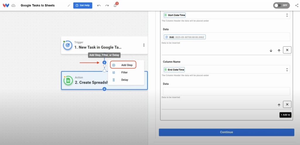 Adding a new step to the automation in Workload editor