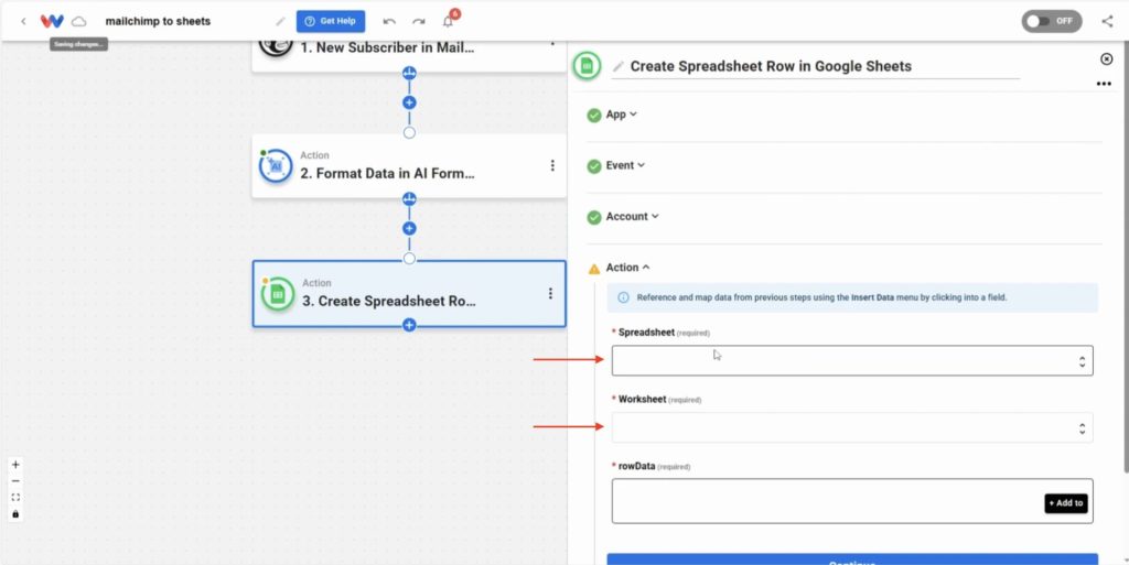 Select your spreadsheet and worksheet where Mailchimp subscriber data will be added