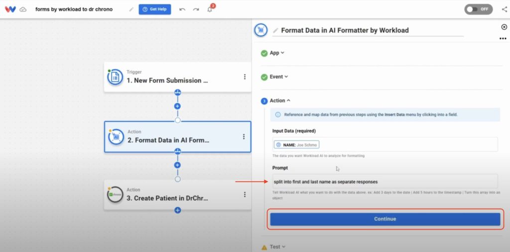 Verify the name has been split correctly into first and last name fields after AI Wizard processing.