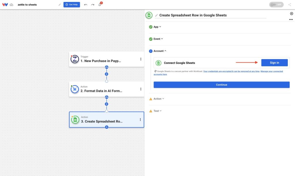 Connecting your Google Sheets account inside Workload to complete the automation that tracks Zettle purchases automatically