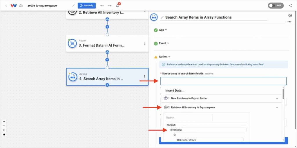 Mapping inventory output from Squarespace into the array source field for searching