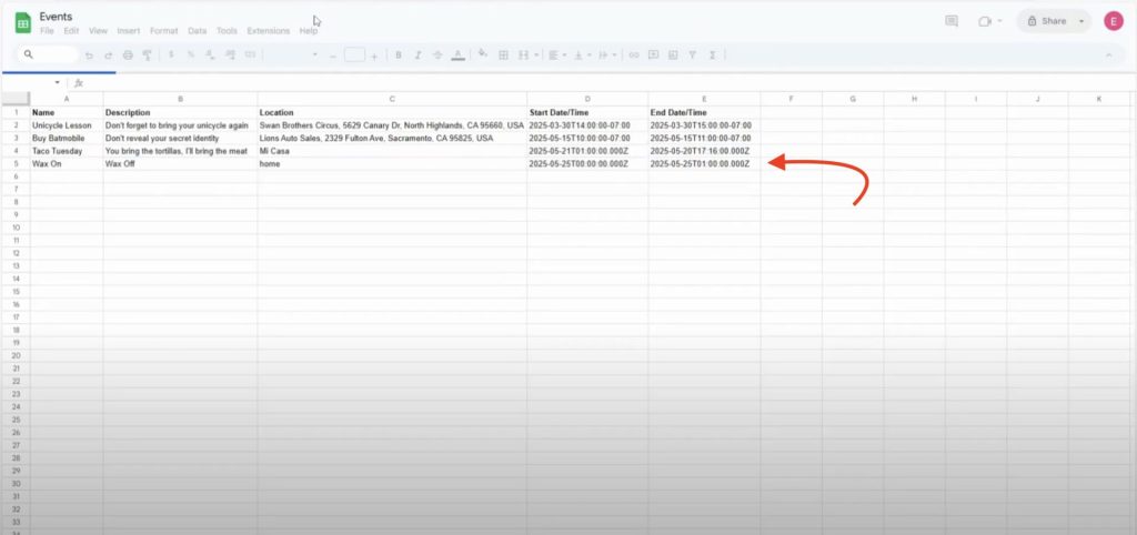 Google Sheet showing synced task data including end time populated from workflow test