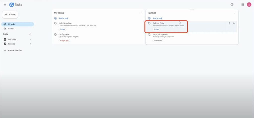 Viewing the successfully created Google Task named “Balloon Duty” from the new email trigger