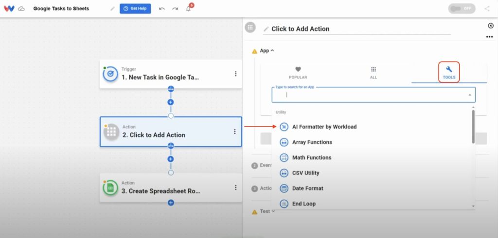 Selecting AI Formatter as the app for data transformation