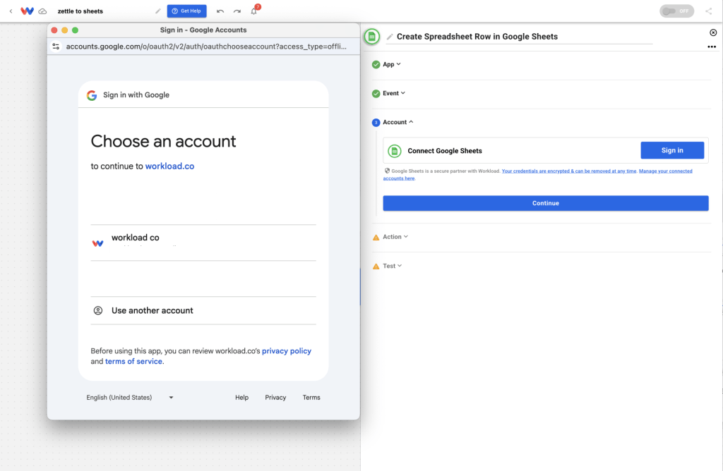 Selecting a Google account to connect Google Sheets for use in the Zettle automation