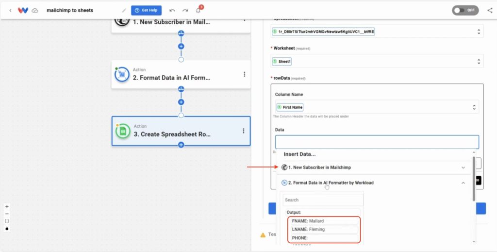 Map each Mailchimp subscriber field to a corresponding column in Google Sheets.