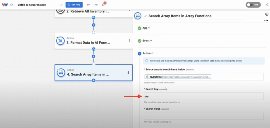 Typing the search key "sku" to locate matching product records in the inventory.