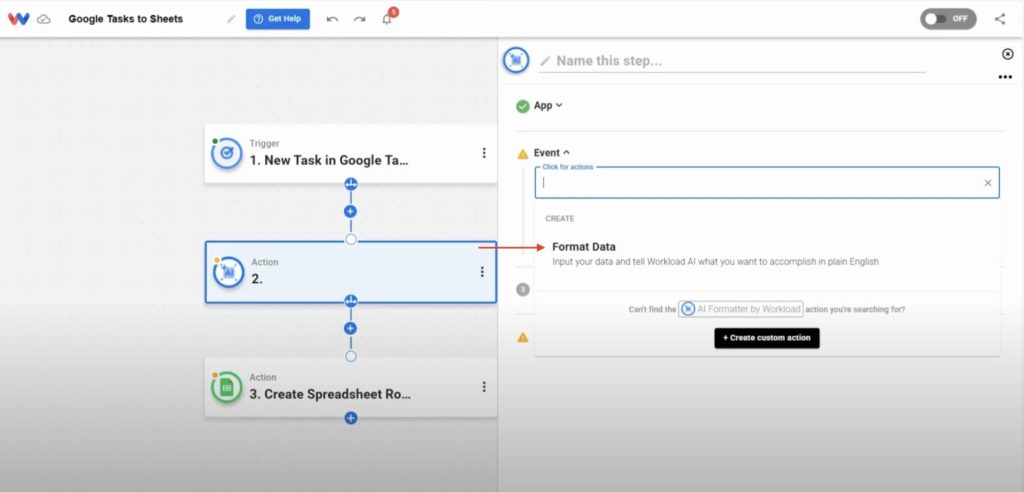 Choosing the ‘Format Data’ event in the AI Formatter tool