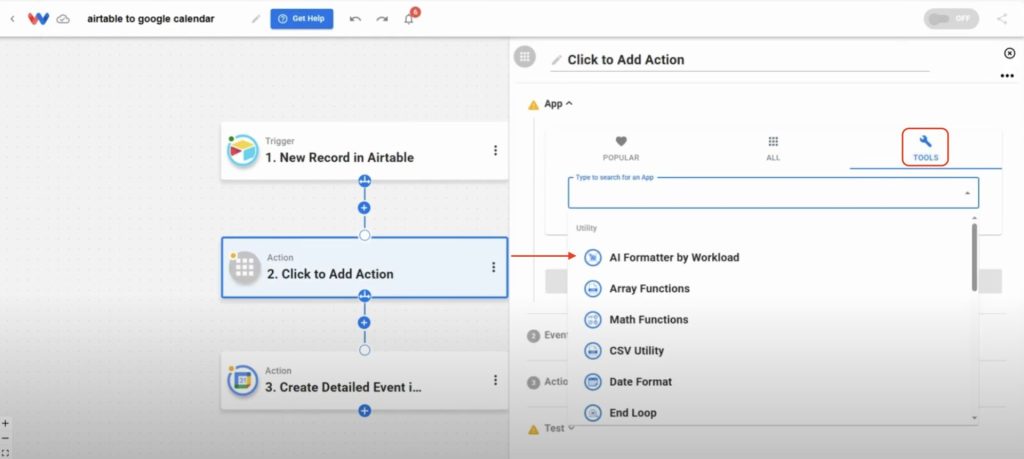 User navigates to the Tools tab and selects the AI Formatter to help process data for calendar creation.