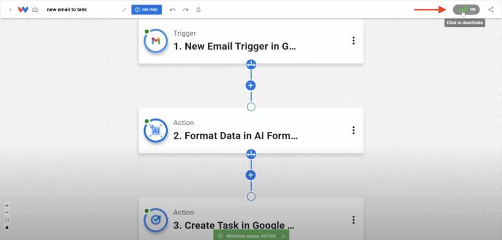 Activating the completed new email to task automation in Workload