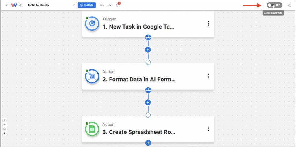 Activate your Google Tasks to Sheets Rows automation with a single toggle