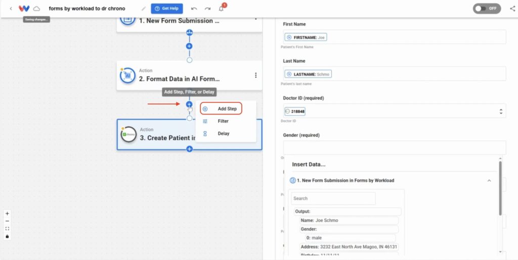 Choose AI Formatter by Workload to reformat intake form fields before sending to DrChrono.