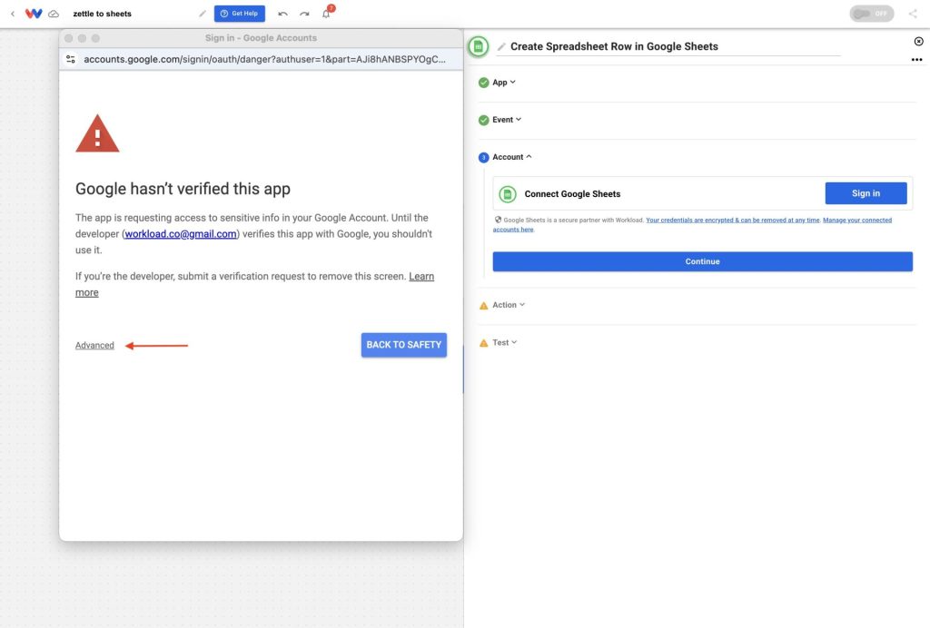 Choosing the Advanced option to bypass the unverified Google app warning during automation setup