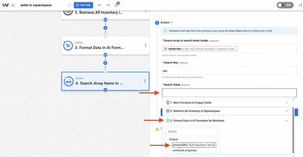 Using AI-formatted product SKU as the search value for syncing Squarespace Stock from Zettle.