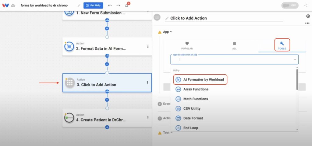 Select “Format Data” as the event so you can prepare fields to create patient intake forms cleanly.