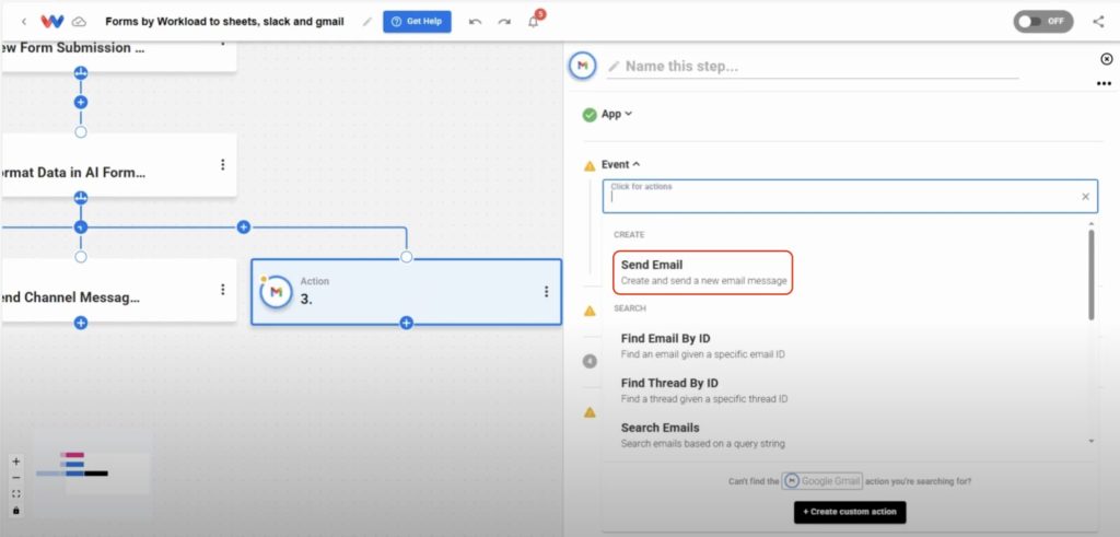 Select the “Send Email” event to automate Gmail messages based on submitted form data.