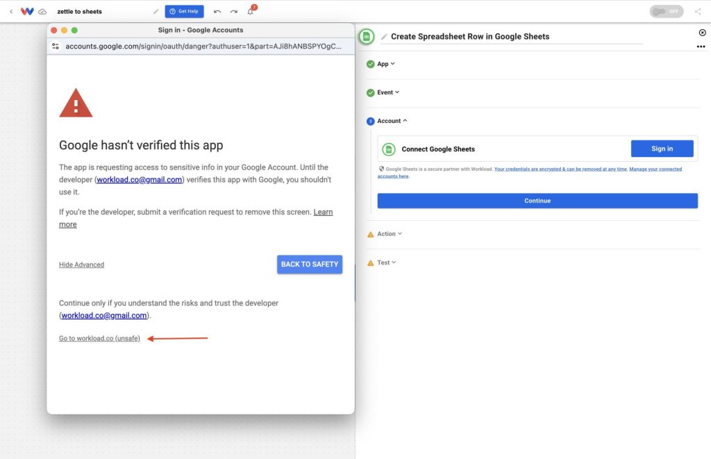 Clicking Go to workload.co to complete Google Sheets authorization for tracking Zettle purchases automatically