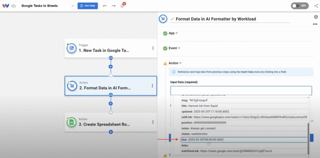 Inserting due date from Google Tasks as input data