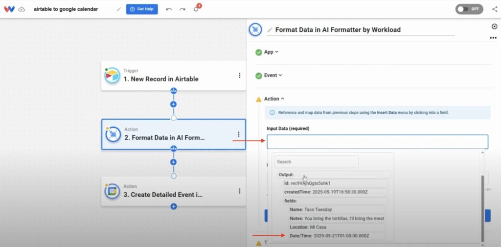 The Date/Time field from Airtable is inserted to be modified before creating a Google Calendar event.