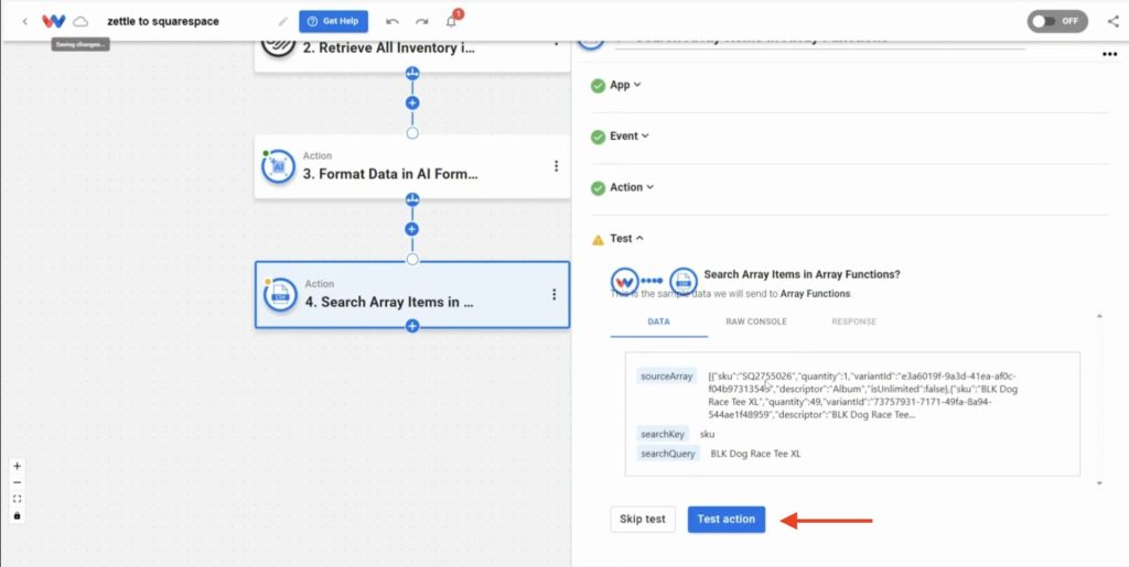 Previewing the matched inventory result from the "Search Array Items" function using test data.