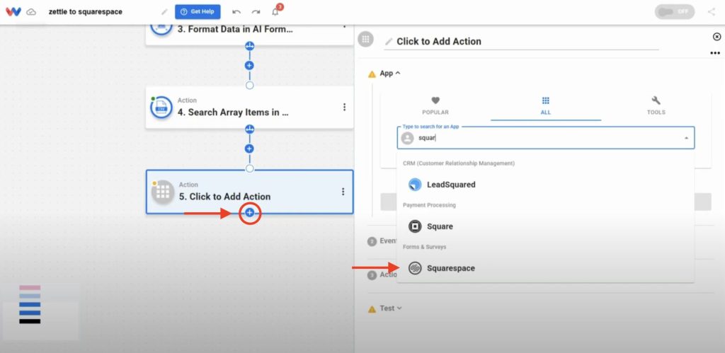 Adding a new action step after finding the correct inventory item to update Squarespace Stock from Zettle.