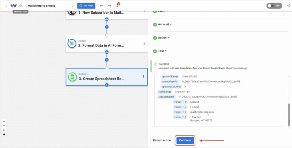 After a successful test, click Continue to move to the final workflow step.