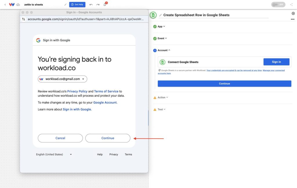 Finalizing Google account access for the automation that logs new Zettle purchase data in Sheet